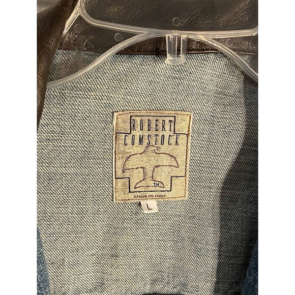 Robert Comstock Denim Jacket Mens Large Blue Leather Collar Made in Italy - Picture 14 of 15